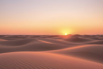 Warm hues of sunrise and sunset paint the vast desert landscape, with golden sand dunes stretching towards an arid sky, inviting summer adventure, Generative AI