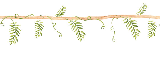Seamless border Liana branch with tropical leaves. Horizontal pattern. Hand drawn Watercolor illustration of Jungle plants. Can be used for textile and wallpaper design. © Tatiana
