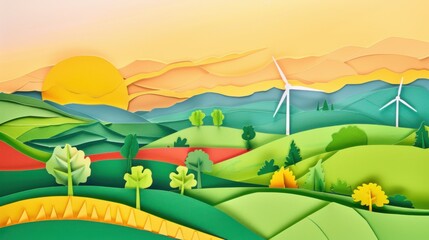 Obraz premium Paper Art Landscape with Wind Turbines and Rolling Hills