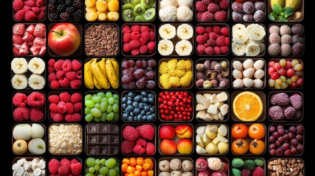 A grid of colorful fruits and nuts.