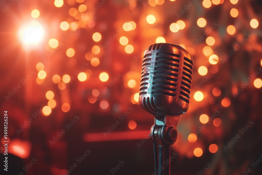 Poster retro microphone on stage with beautiful lights and vibrant ambiance creating an inviting atmosphere