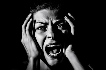 Woman Expressing Intense Emotion in a Dramatic Black and White Setting With Strong Contrasts and Shadows