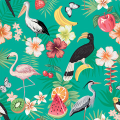 Flamingo, pelican, parrot, exotic bird, hibiscus flower, cherry, orange, banana, strawberry, kiwi, watermelon fruit, palm leaves seamless pattern. Summer tropical exotic print.