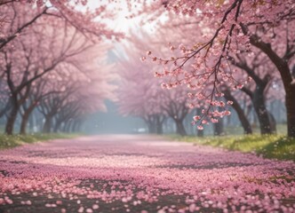 Delicate pink sakura petals drift, soft focus on blooming cherry trees ,  serenity,  light,  peaceful