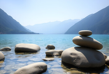 Balanced zen stones stack on a calm lake beach with nature's harmony, Generative AI