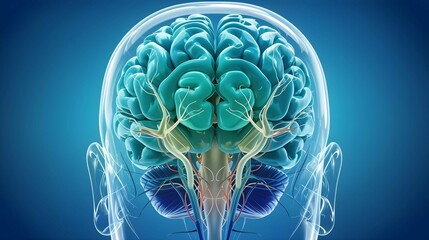 A highly detailed and stylized 3D rendering of a human brain viewed from the front, with distinct lobes and regions represented in vibrant cyan color