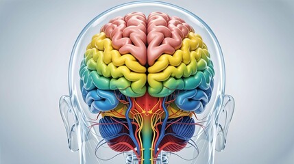 A highly detailed and stylized 3D rendering of a human brain viewed from the front, with distinct lobes and regions represented in vibrant rainbow colors. 