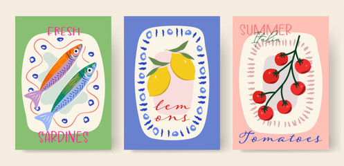 Modern abstract summer poster in sketch doodle style with hand drawn. Trendy design for cards, wall art, ads, print, decor, branding. Amalfi, Italian sea coast hand drawn icons. Summer sea vacation.