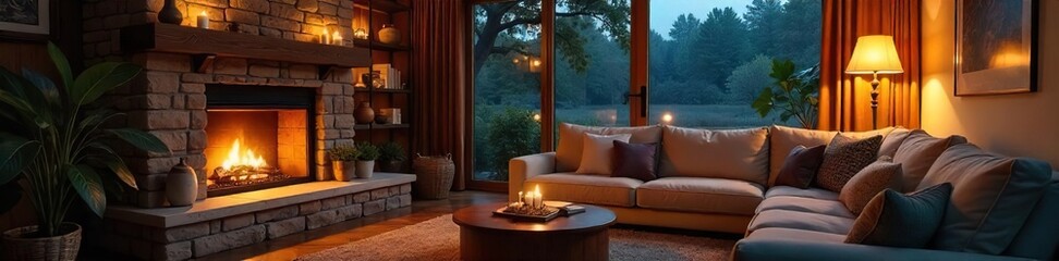 Cozy living room with a fireplace, warm lighting, and comfortable furniture, perfect for spending a relaxing evening at home ,  pillows,  stone,  quiet