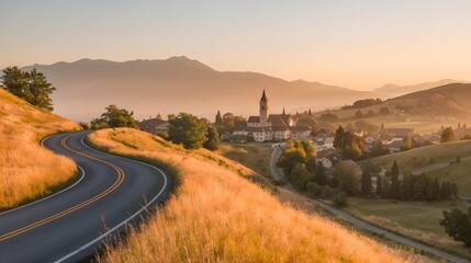 Fototapeta premium A winding country road cuts through golden fields bathed in the warm glow of the setting sun, leading to a charming village nestled in the rolling hills.