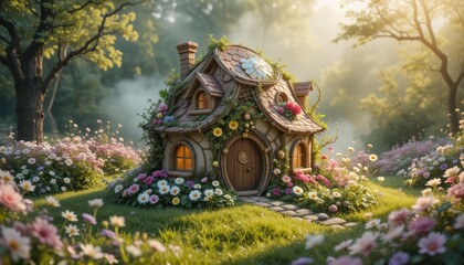 Obraz premium Cozy Autumn Cabin in Glowing Forest with Falling Leaves
