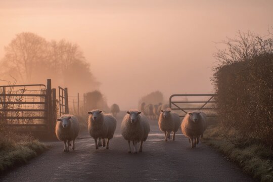 A group of sheep walks down a quiet rural road surrounded by mist at dawn. The soft light of morning creates a serene atmosphere in the countryside