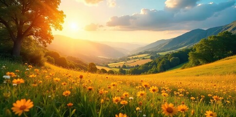 Golden sunlight bathes a vibrant landscape in warm hues, creating a breathtakingly beautiful and sunny scene  Perfect for travel, nature, and summer themes ,  gorgeous, sun