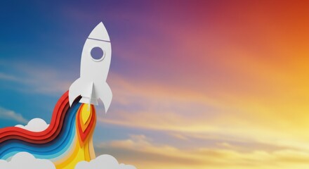Naklejka premium Business success with rocket launch symbolising innovation, progress and financial breakthrough against colorful sky background during market rise