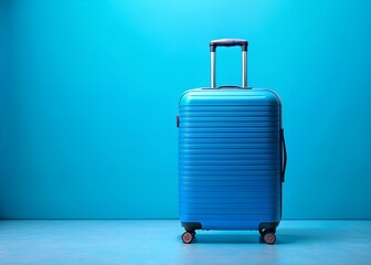 Obraz premium Blue suitcase is standing against turquoise background. A realistic shadow is drawn in under it