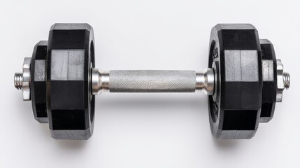 A black dumbbell with a textured grip and round weights is depicted in this clipart on a transparent background