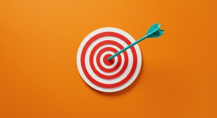 Target achievement concept with blue dart hitting bullseye on red circular target placed on vibrant orange background representing business goal success and precision