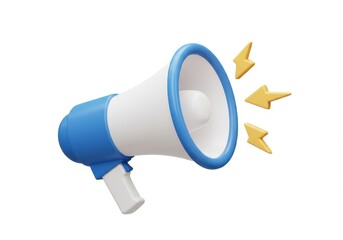3D Illustration of Blue and white megaphone with sound waves isolated on white background