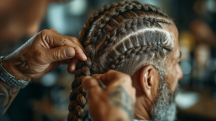 Skillful barber styles protective braids for client in vibrant salon setting
