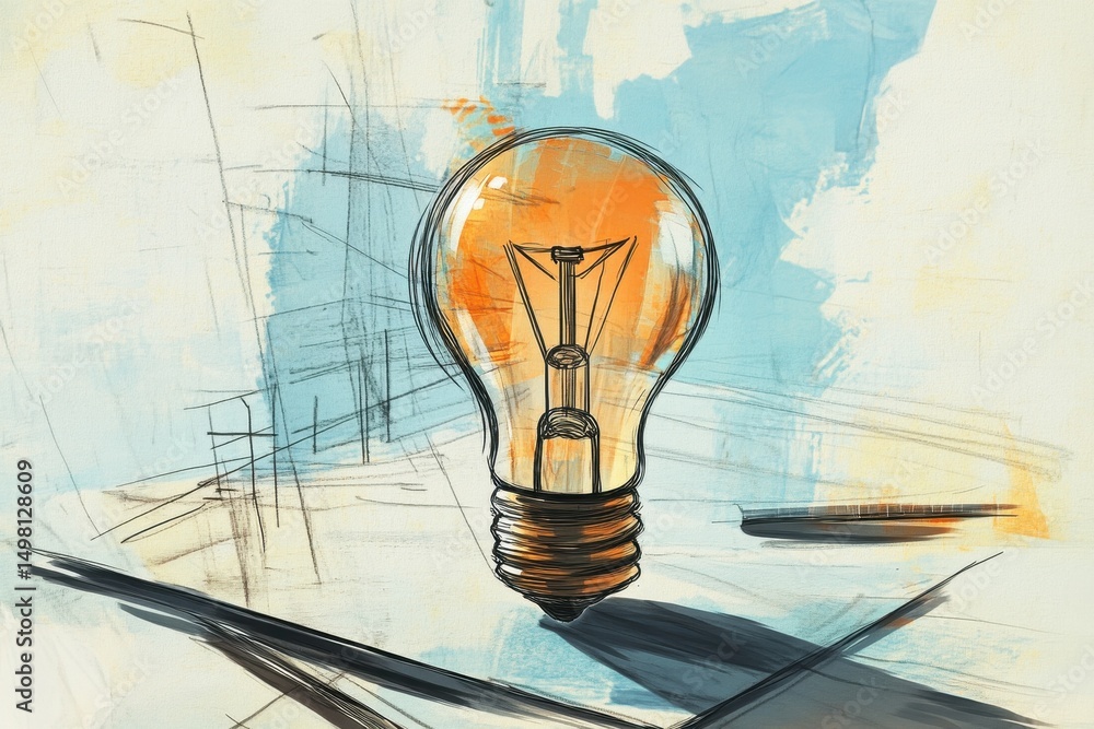 Poster conceptual sketch illustrating internal components of a lightbulb with a creative design approach, c