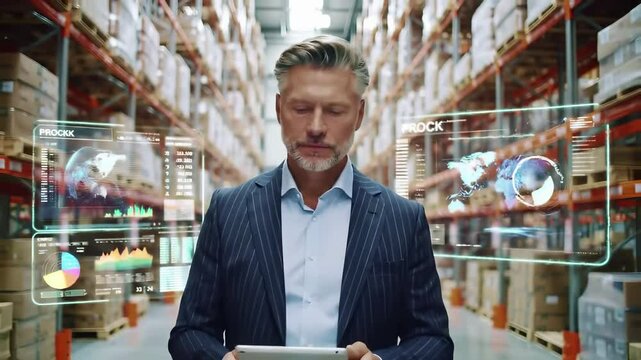 Businessman in pinstripe suit standing in warehouse with digital analytics interface. Holographic data displays with graphs, charts, and global supply chain metrics surround him in logistics storage - Powered by Adobe