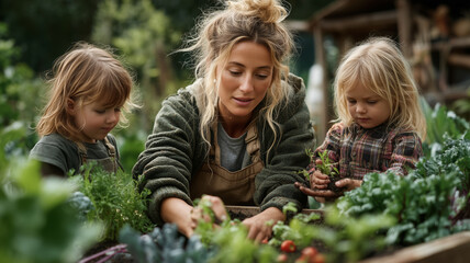 Joyful moments shared in the garden with mother and children learning together