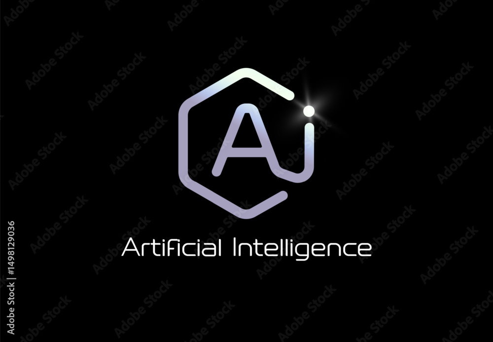 Poster artificial intelligence logo in hexagon liner shape, glowing tech futuristic style emblem for ai pla