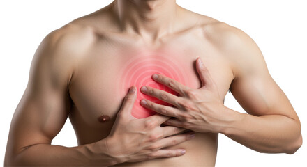 Fototapeta premium Isolated Man Holding Chest with Red Pain Indicator