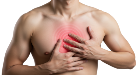 Isolated Man Holding Chest with Red Pain Indicator