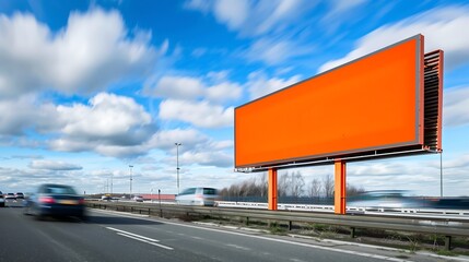 Large empty orange billboard standing on the side of the highway, cars passing by blurry,commercial,banner