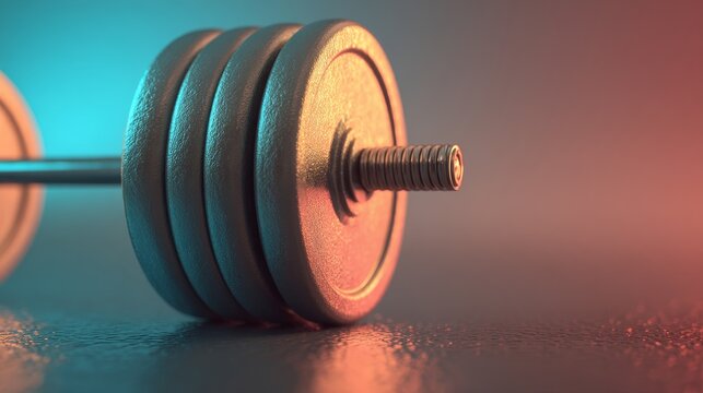 In a gym, a heavy dumbbell lies on the floor in front of a vibrant orange background, representing the equipment and tools used for weight training, exercise, and muscle building to promote a healthy