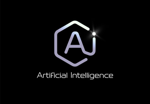 Artificial intelligence logo in hexagon liner shape, glowing tech futuristic style emblem for AI platforms, tech startups, smart software branding. Vector illustration