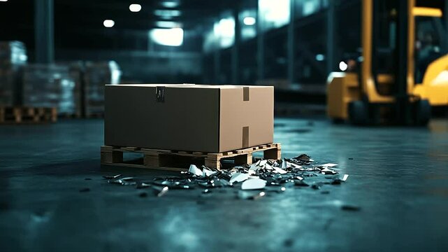 Detailed view of a broken box on a forklift pallet, with clear rips in the cardboard, exposing crushed goods inside, harsh warehouse lighting casting deep shadows, representing log