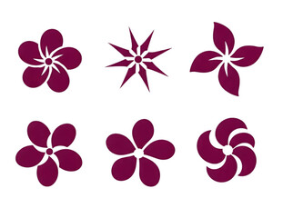 Fototapeta premium Six dark purple flower emblems with various petal shapes and designs on a white background