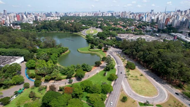 Ibirapuera Park In Sao Paulo Brazil. Modern City Center With Skyscrapers Reflecting The Urban Life. Town Clouds Sky Backgrounds Urban. Town Outdoor Downtown Famous. Sao Paulo Brazil.