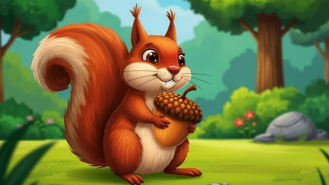 Cartoon forest squirrel with acorn and flicking tail, playful woodland illustration