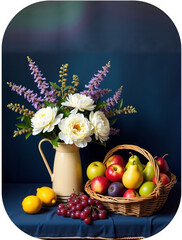 Elegant still life composition with a bouquet of white peonies and purple flowers in a pitcher beside a wicker basket filled with apples, pears, grapes, and lemons.
