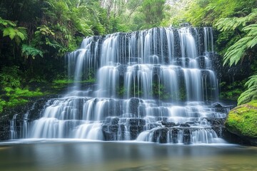 Obraz premium Beautiful cascade waterfall flowing through lush Tasmania forest in Australia during daylight, Cascade waterfall in Tasmania forest Travel to Australia and explore nature