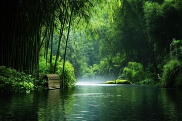 Obraz premium Bamboo plants lining a tranquil river in a lush green forest, A photo of bamboo plants in a forest with a river in the foreground