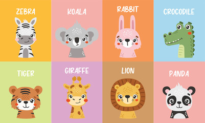 Fototapeta premium Safari animals set isolated, cute jungle animals, kids posters, cartoon, cards for kids