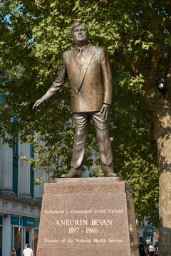 Cardiff, South Glamorgan, Wales, Europe - May 09, 2025: Aneurin Bevan statue on Queen Street