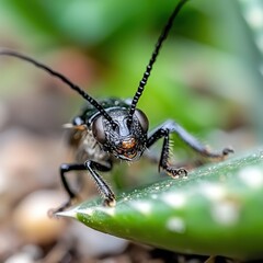 Wedge shaped beetle exploring green leaf in macro photography