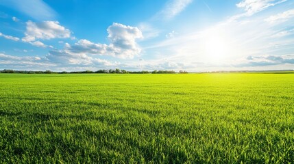 Obraz premium Lush Green Field Under Bright Blue Sky with Fluffy White Clouds