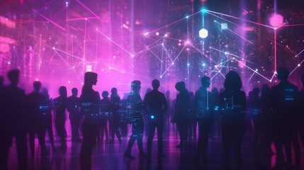 Digital Convergence: A mesmerizing futuristic tableau featuring a crowd of silhouettes, bathed in an ethereal, pulsating web of interconnected data streams and nodes.