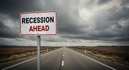 Recession warning road sign under cloudy sky on empty highway symbolising economic slowdown fear uncertainty and market turbulence impact