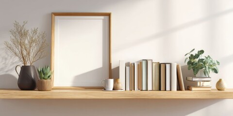 Minimalist Display with Blank Frame, Potted Plant, and Books on Wooden Shelf