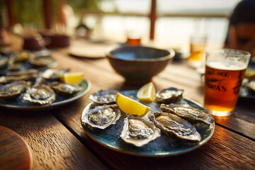 Fototapeta premium Plate of raw oysters with lemon, glass of dewed beer. AI Generative