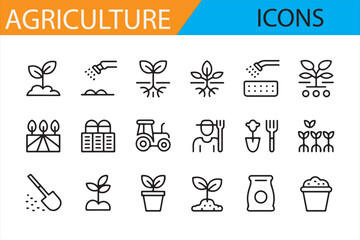 Collection of Agriculture Icons: Farm, Animals, Crops, Greenhouse, and Harvest Symbols