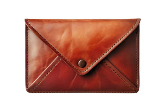 Elegant brown leather envelope wallet with button closure, showcasing craftsmanship for stylish storage of cards and cash