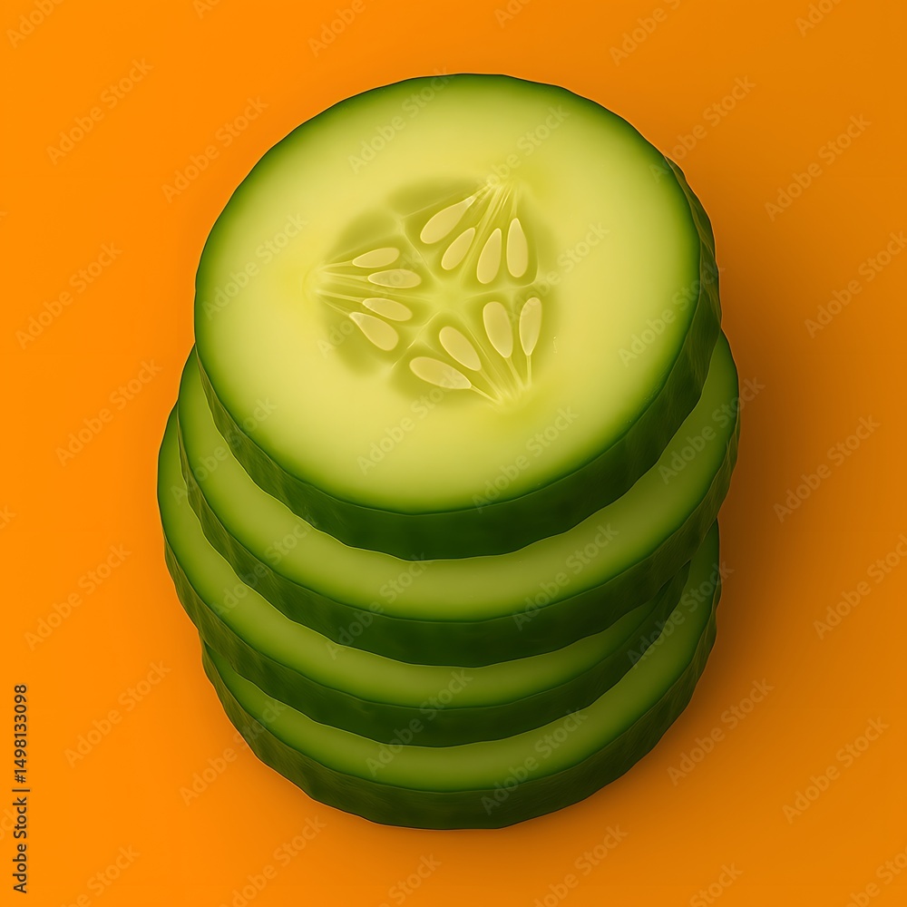Poster freshly sliced cucumber arranged in a stack on a vibrant orange surface, its refreshing green interi